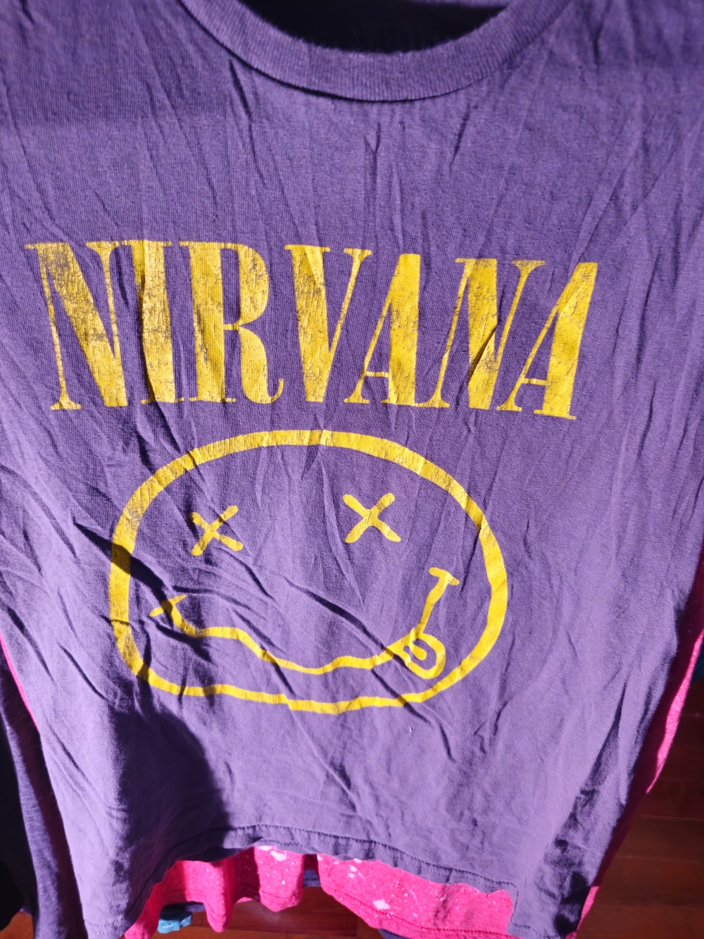 NIRVANA Yellow Logo Tee on Purple Shirt